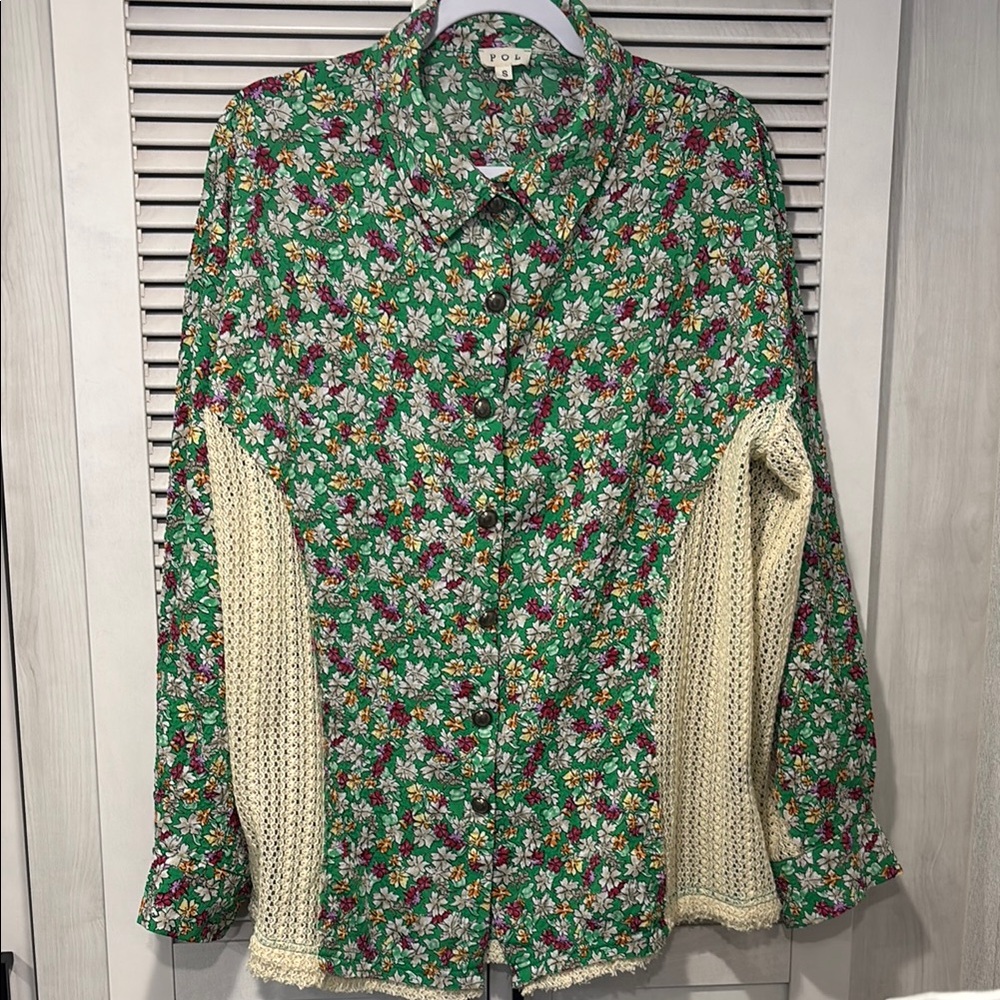 Floral Button-Up Shirt with Crochet Sleeves